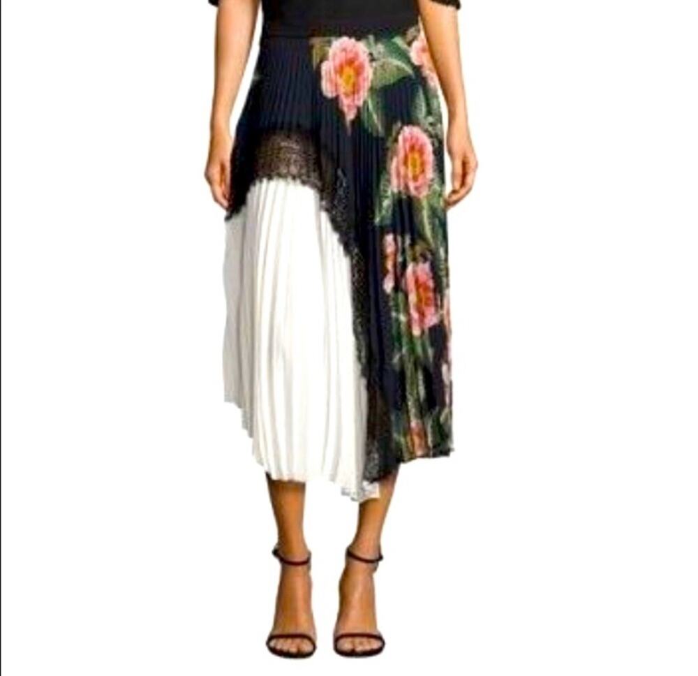 DELFI Collective Clara Maxi Skirt Pleated Multi Media Floral Lace White Large